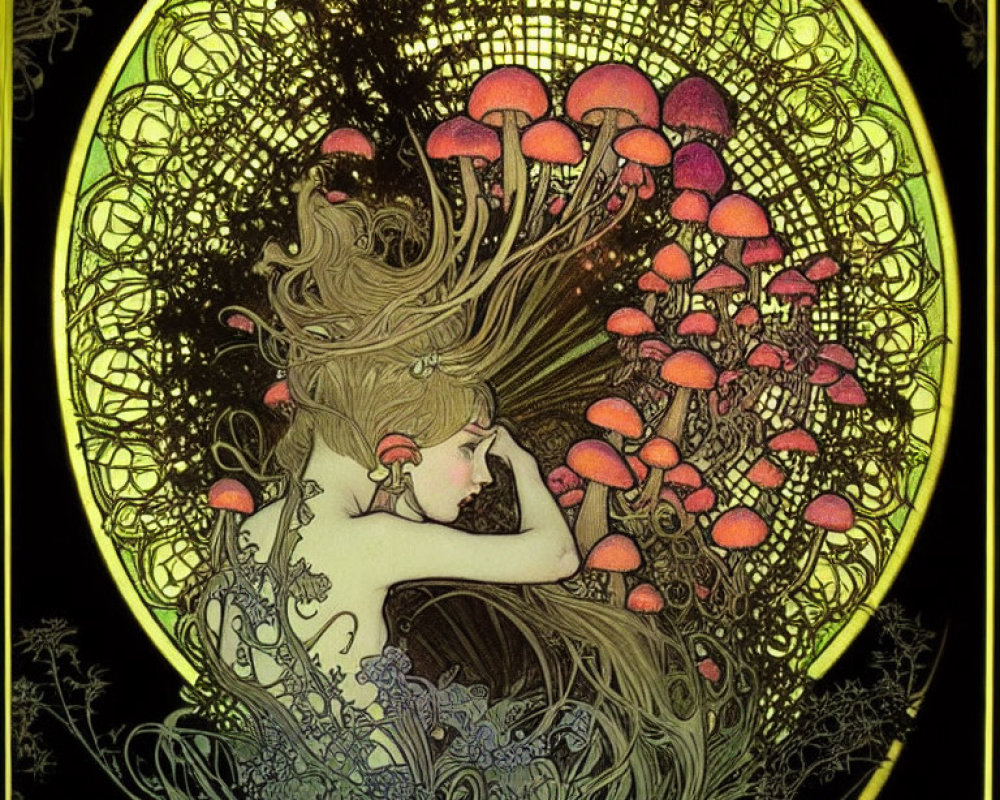 Art Nouveau Style Woman with Flowing Hair and Luminescent Mushrooms Illustration