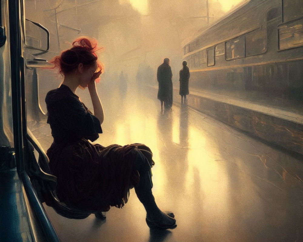 Person sitting on train platform, contemplating sunlit scene with figures and train in background