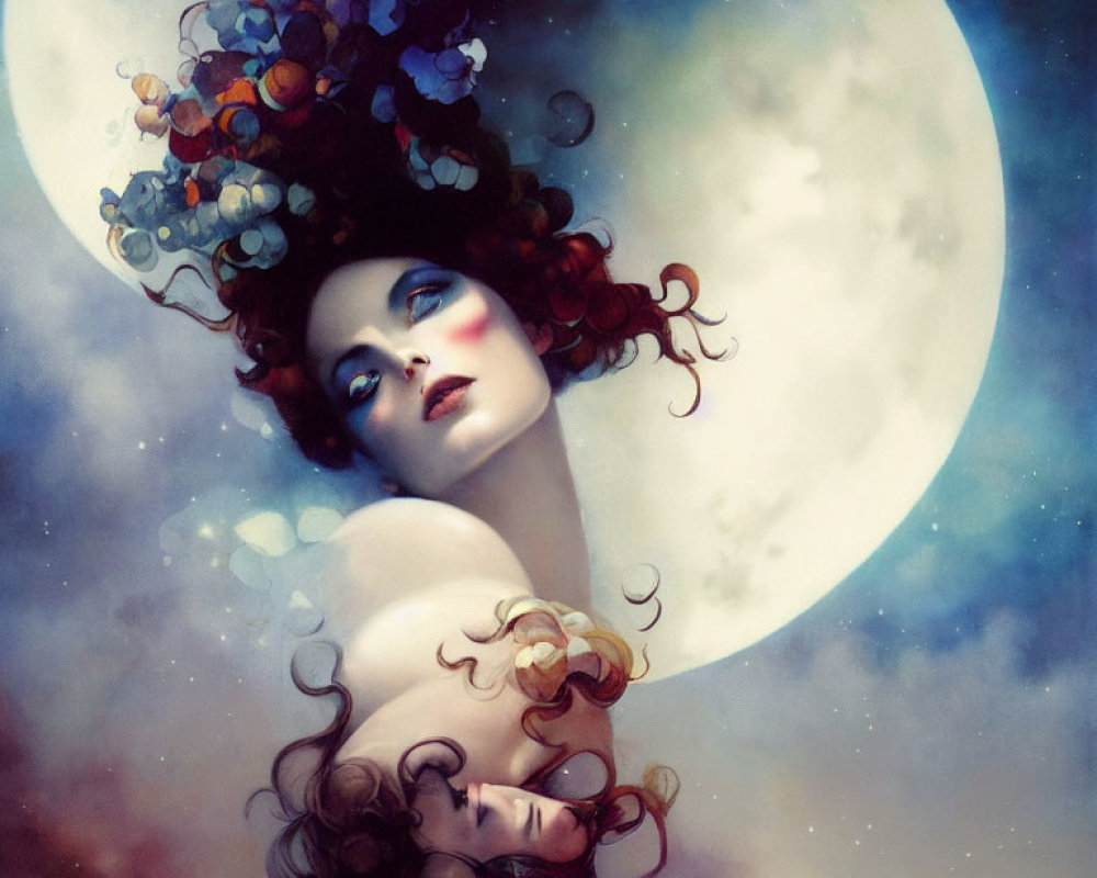 Vibrant red-haired woman with blue eyeshadow in surreal moonlit scene