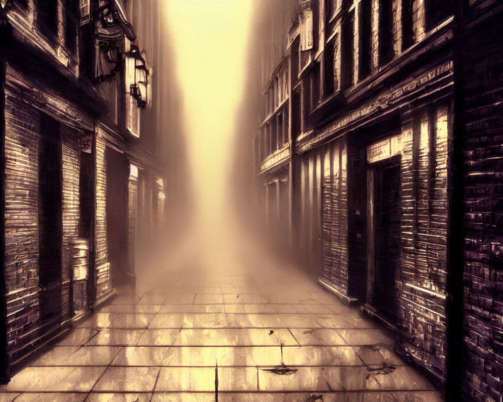 Misty sepia-toned alley with old brick buildings