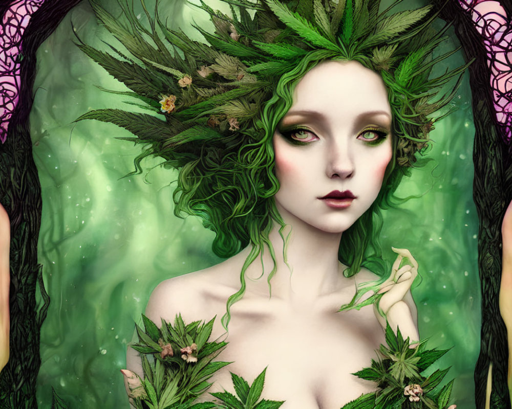 Fantasy illustration of person with green hair in mystical forest