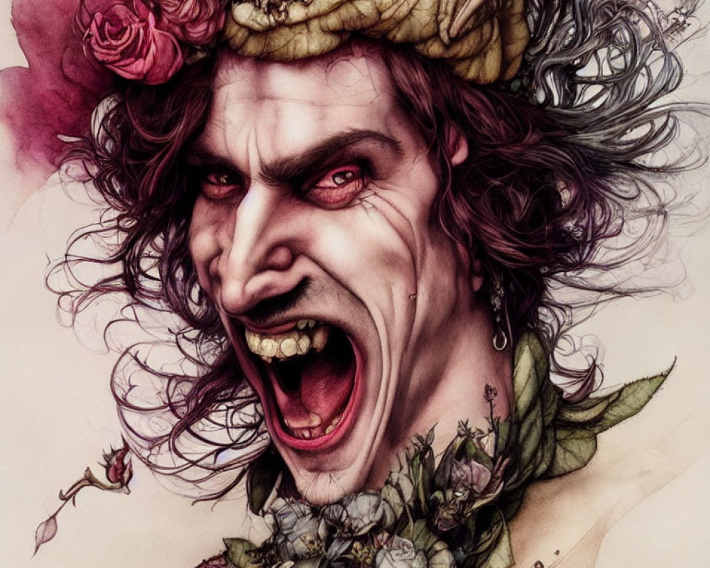 Angry vampire with fangs in rose and thorn wreath, dark fantasy style