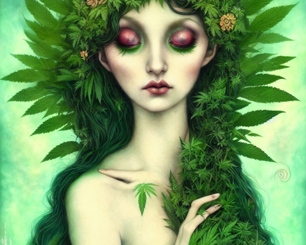Woman with Green Leafy Hair and Floral Adornments in Nature-Inspired Art