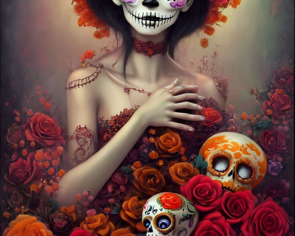 Day of the Dead makeup with vibrant roses and skulls portrait