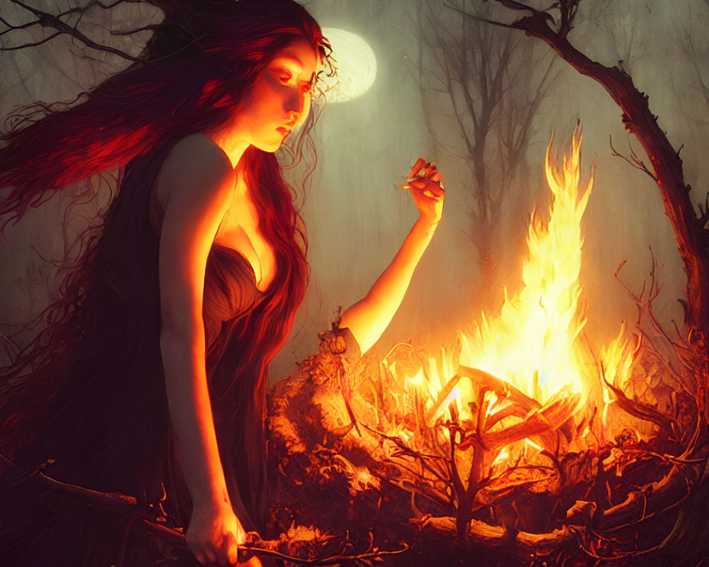Red-haired woman in mystical forest at night with fire and moon.