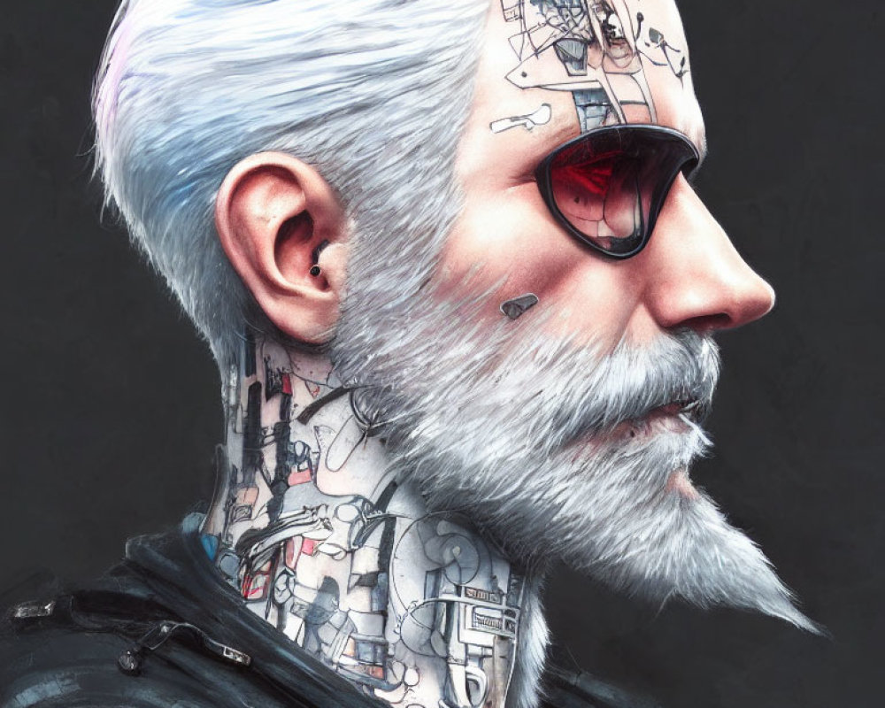 Man with White Hair, Beard, Tattoos, and Red Sunglass Lens
