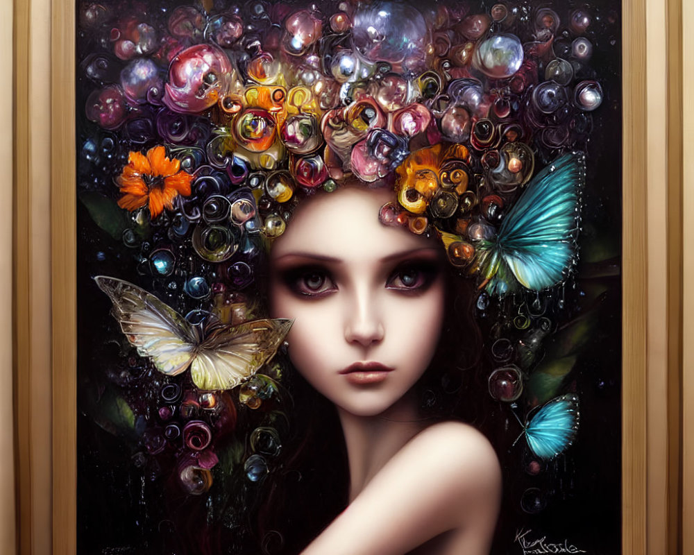 Colorful surreal portrait of woman with bubbles, flowers, and butterflies in wood frame