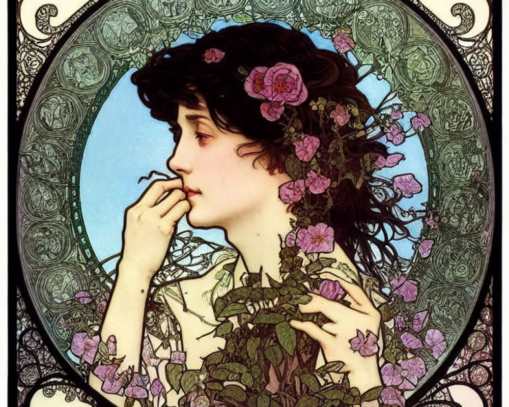 Vintage Art Nouveau Illustration of Woman with Dark Hair and Pink Flowers