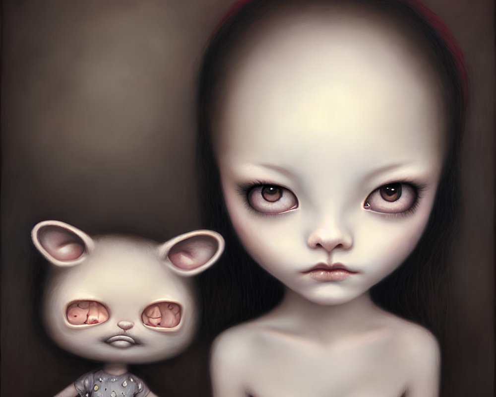 Dark-eyed girl and doll-like creature with mouse ears in haunting scene
