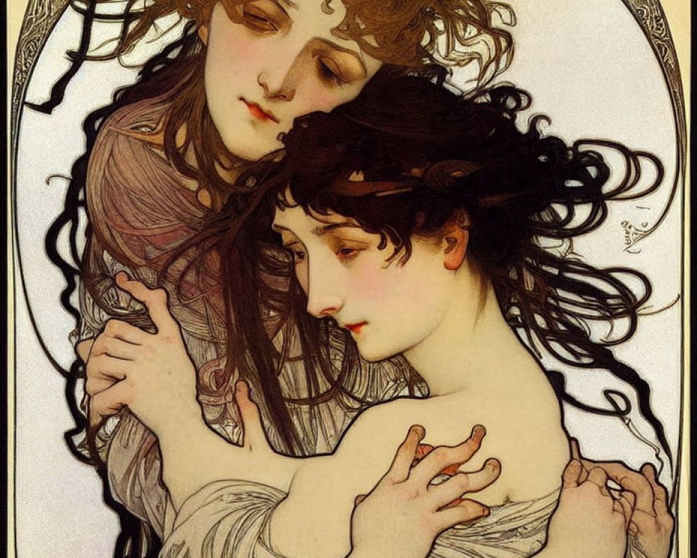 Art Nouveau illustration of two women embracing in ornate border