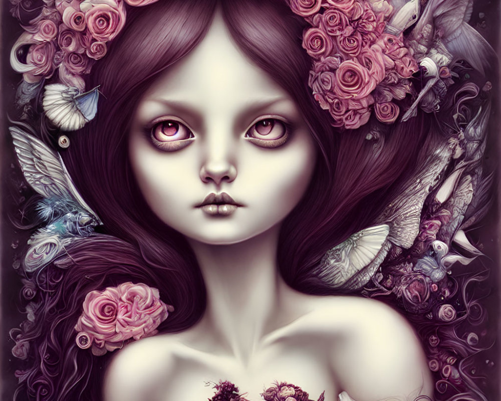 Fantasy female figure with large eyes, vibrant flower crown and butterflies