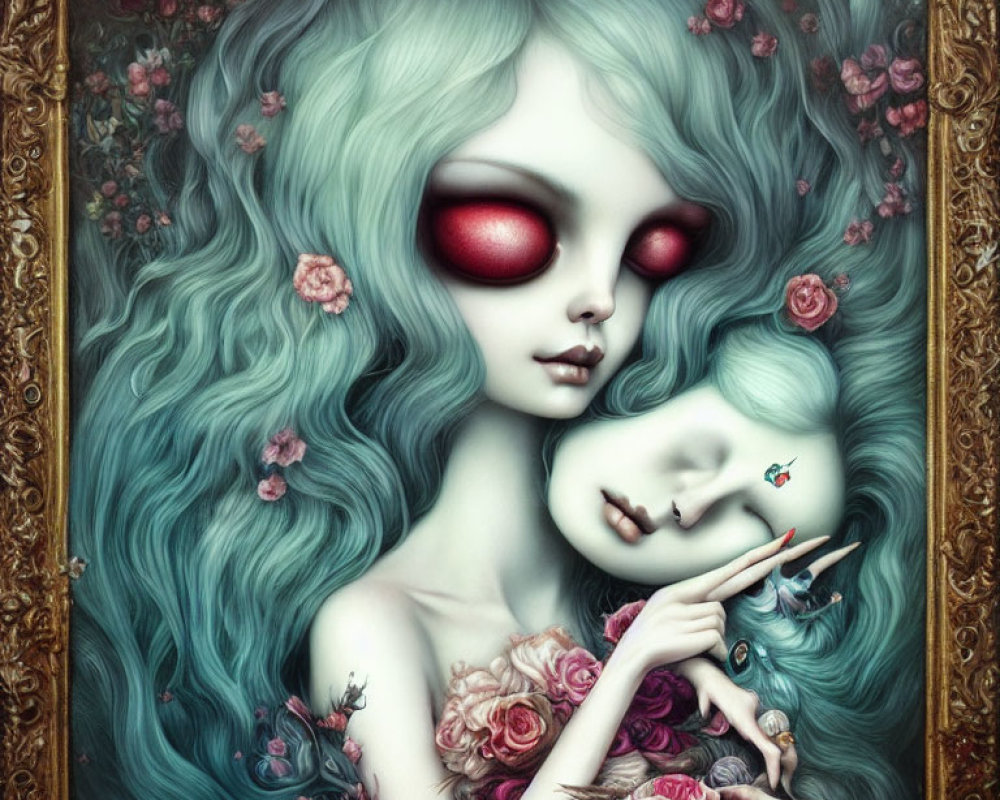 Gothic fantasy art: Pale female figure with sea-green hair, red eyes, roses, delicate