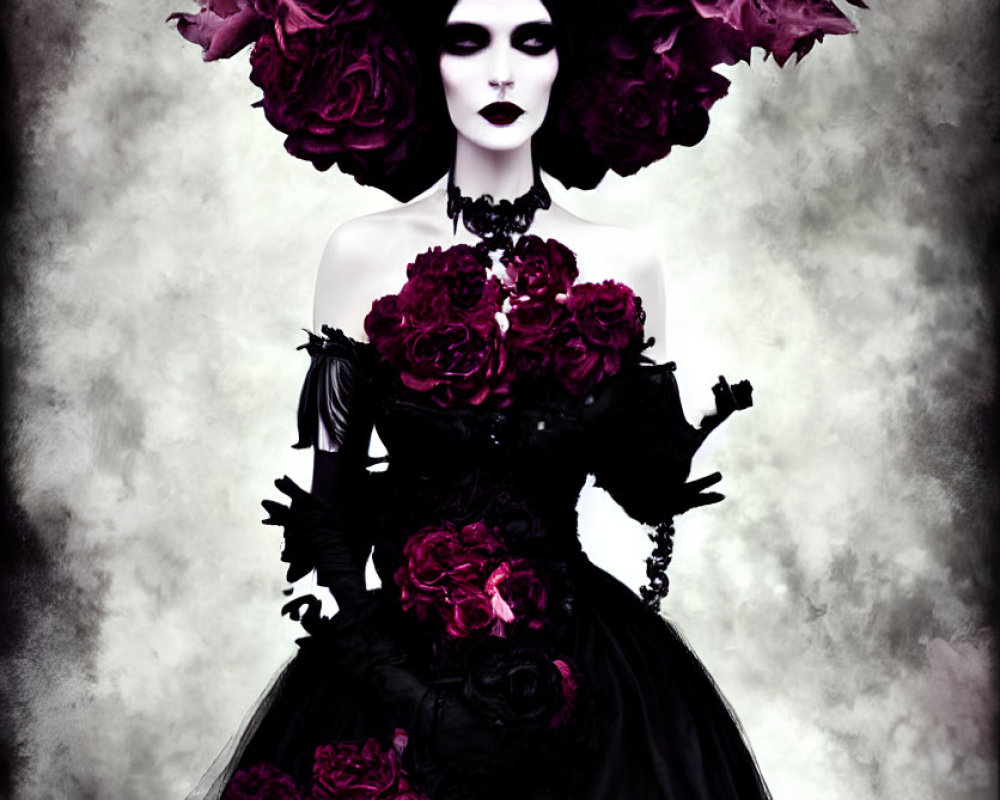 Gothic figure in black dress with red rose headpiece and bouquet