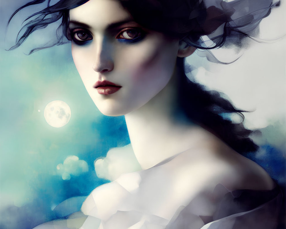 Digital artwork featuring woman with pale skin, dark hair, striking eyes, and moon backdrop