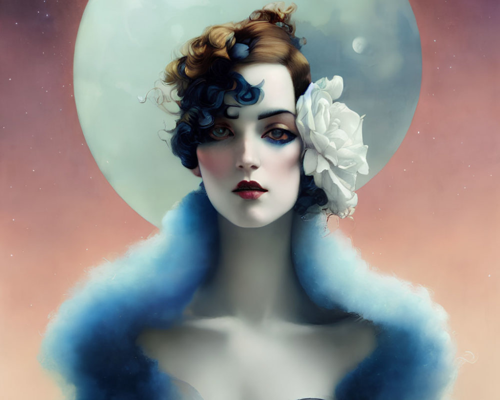Illustrated portrait of woman with blue hair, white flower, red lips, and whimsical expression against