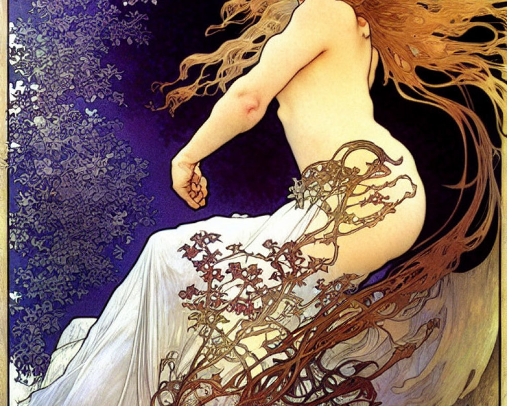 Art Nouveau Woman Illustration in Floral Dress and Night Sky