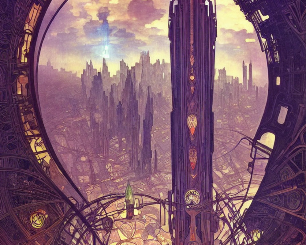 Fantasy Cityscape with Ornate Structures and Towering Spire
