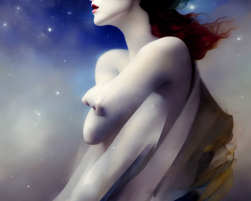 Mystical woman with red hair and blue face paint under moonlit sky
