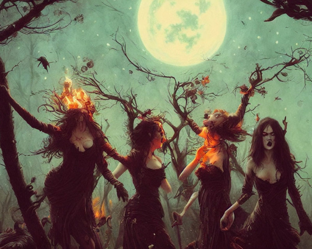 Ethereal women with tree-like features in moonlit forest surrounded by crows