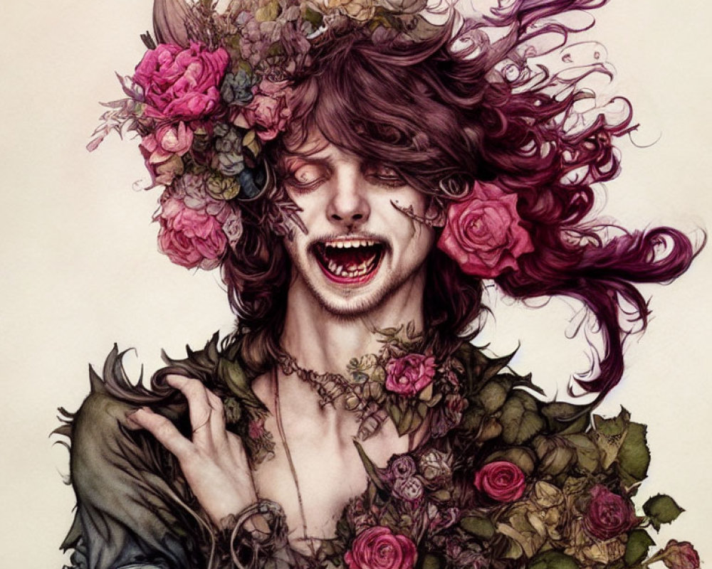 Illustration of person with wide grin and vibrant floral adornments
