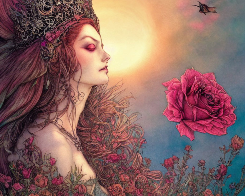 Fantasy queen with crown admiring sunset surrounded by roses and bird