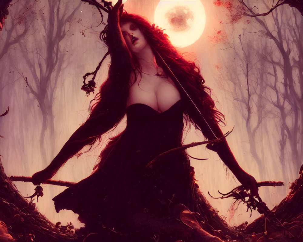 Mystical woman in dark dress in eerie, red-lit forest with full moon