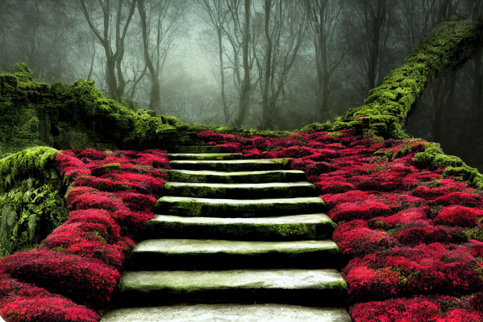 Vibrant red plants on stone steps in misty forest landscape