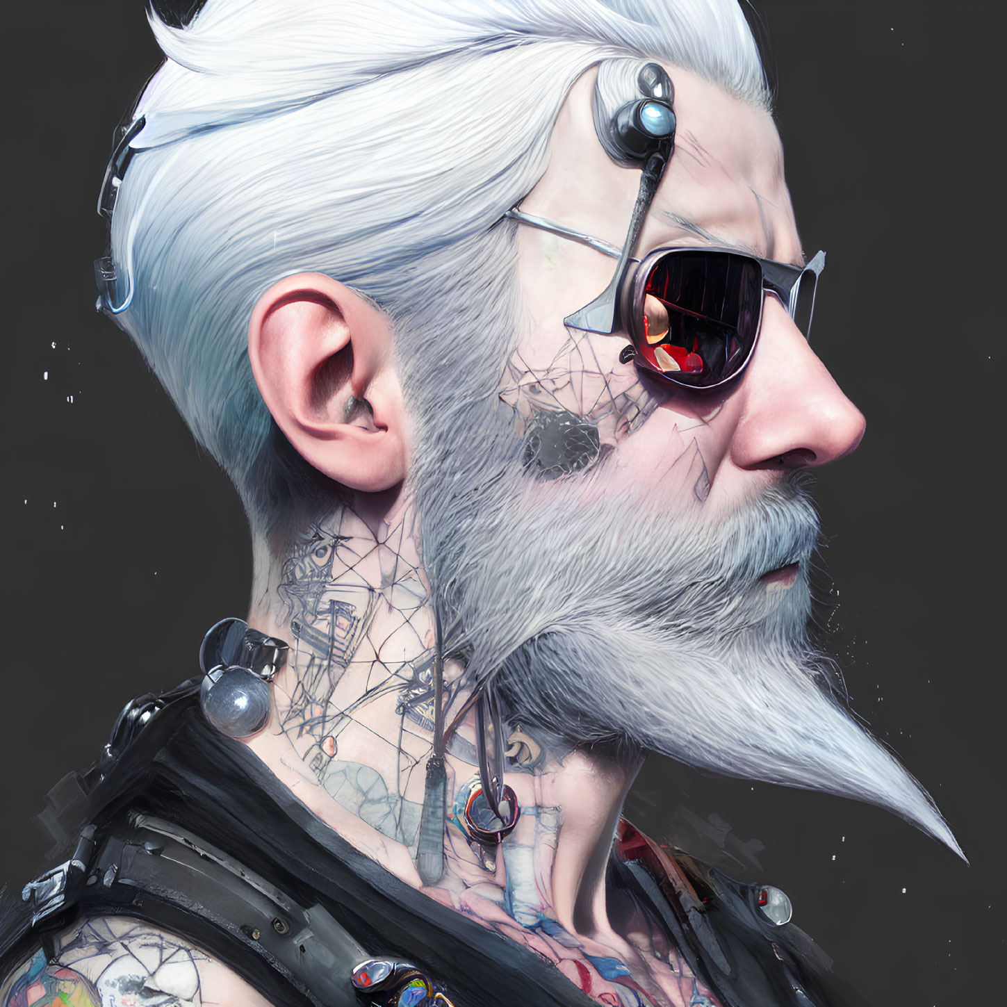 Man with White Hair, Tattoos, Cybernetics & Sunglasses