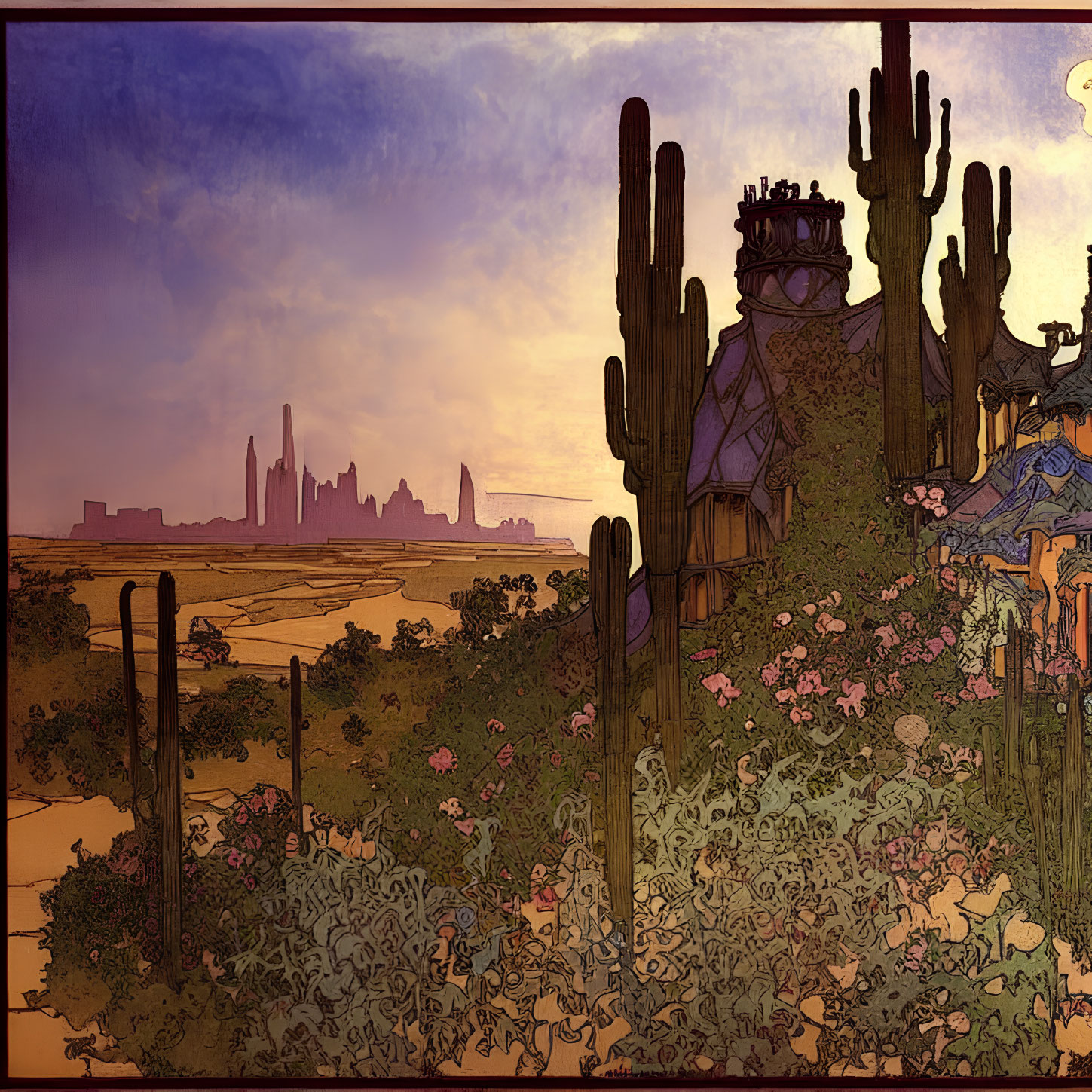 Desert sunset illustration with cacti, house, city skyline, orange and purple sky