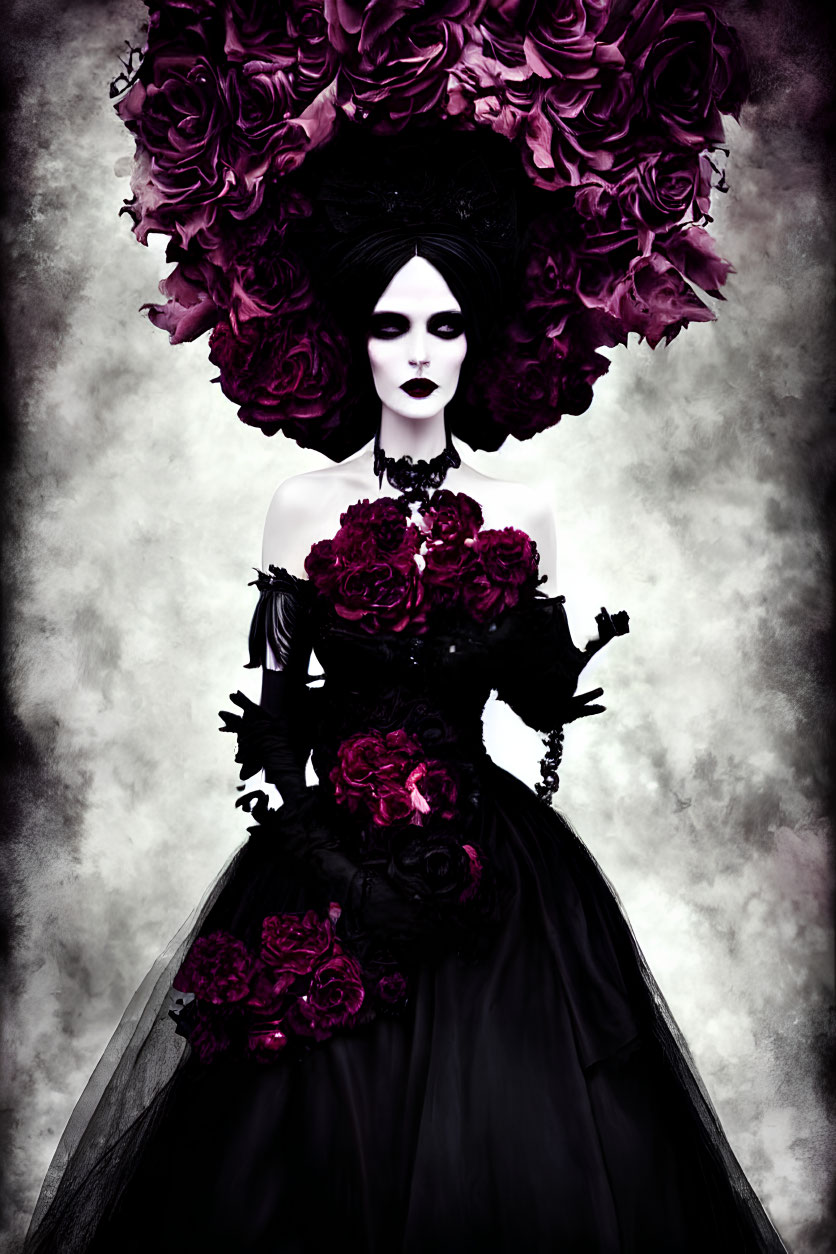Gothic figure in black dress with red rose headpiece and bouquet
