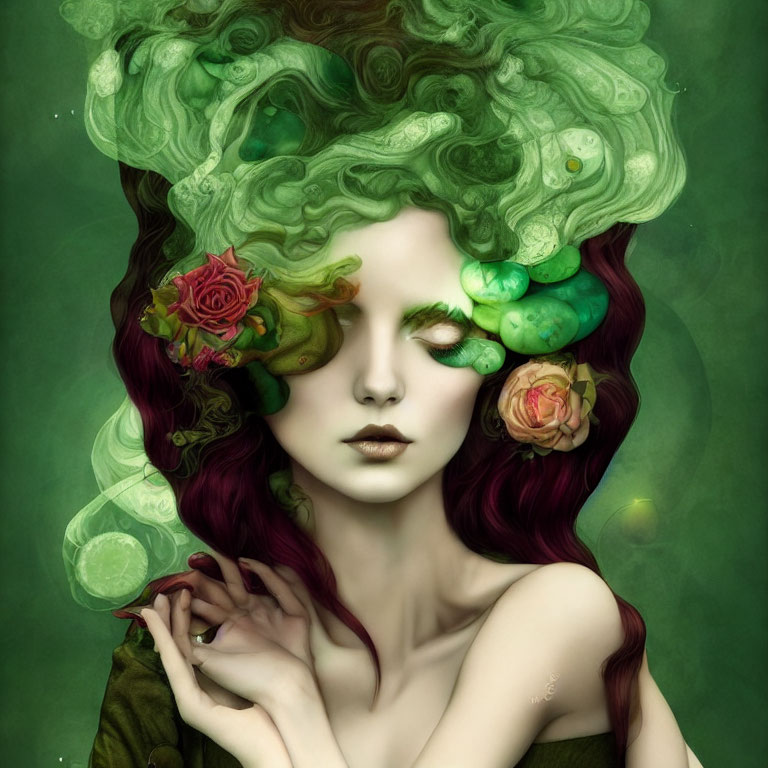 Woman with Ethereal Green Hair and Roses Illustration