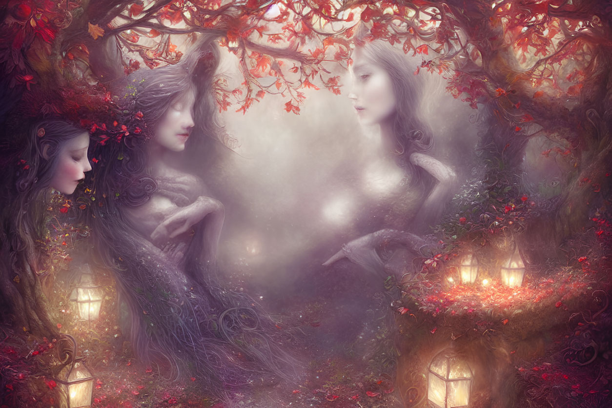 Ethereal female figures in misty forest with red flowers