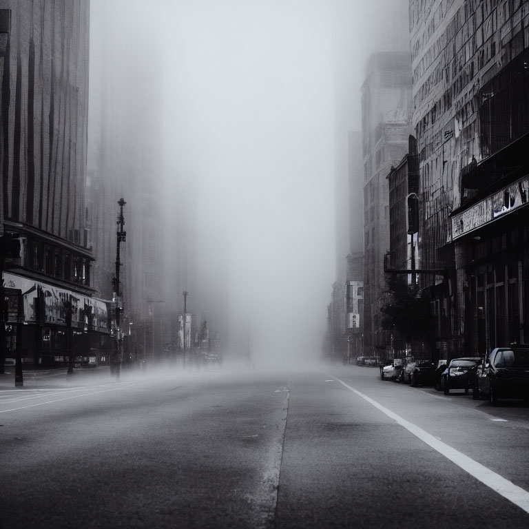 Deserted city street in dense fog with silhouettes of buildings and cars.