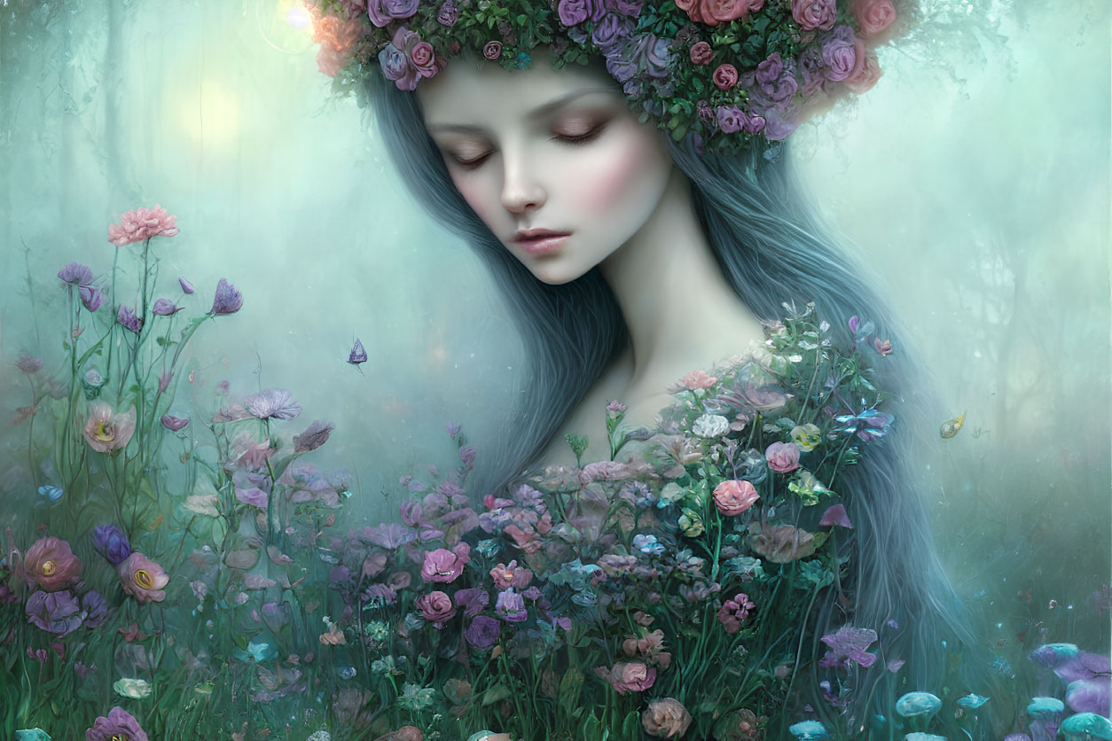 Mystical woman with flower crown in dreamlike setting