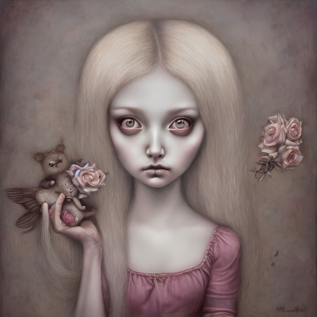 Pale girl with large eyes holding winged teddy bear and roses, bumblebee nearby