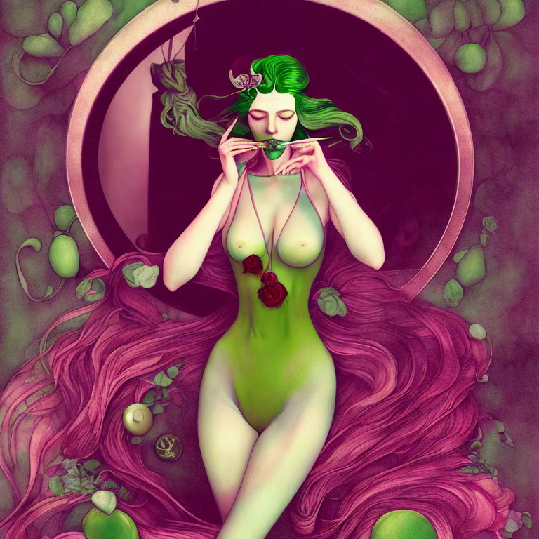 Green-skinned woman with pink hair holding a rose in circular frame surrounded by green fruits