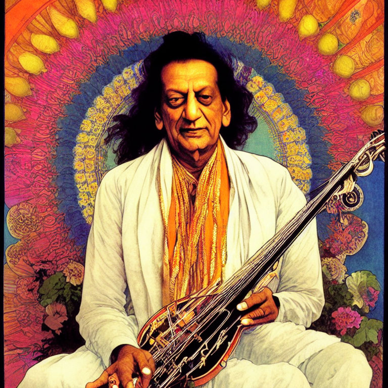 Person in white attire holding sitar against psychedelic backdrop