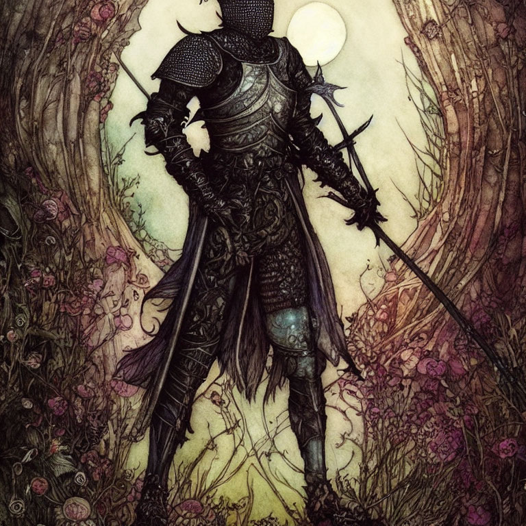 Armored knight with sword in mystic forest under moonlit sky