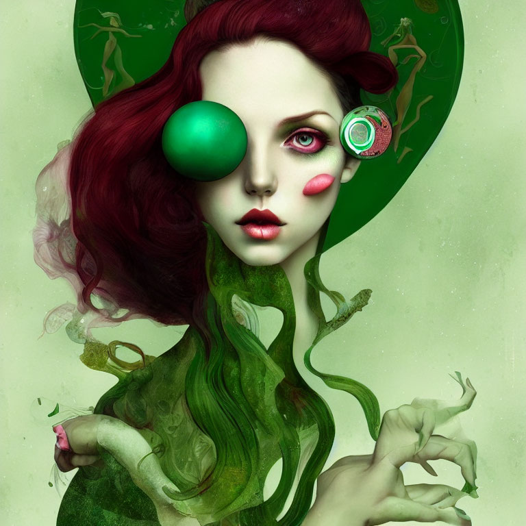 Surreal portrait: Woman with red hair, green skin, and unique eyes