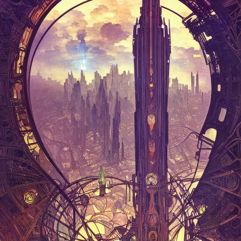 Fantasy Cityscape with Ornate Structures and Towering Spire