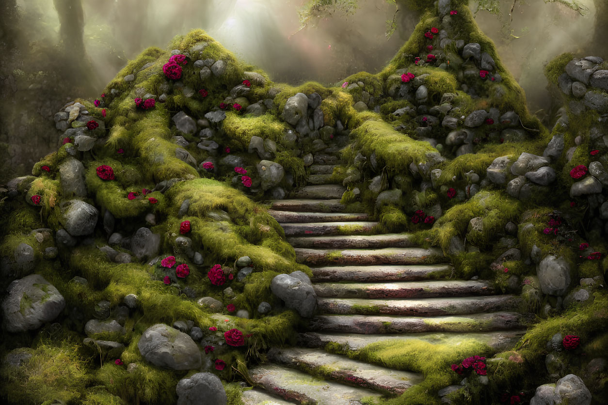 Ethereal forest scene with stone stairway, moss-covered mounds, red flowers, soft light