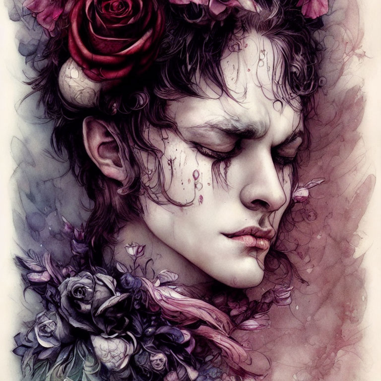 Detailed illustration of person with closed eyes adorned with roses and leaves, featuring somber yet gentle expression.