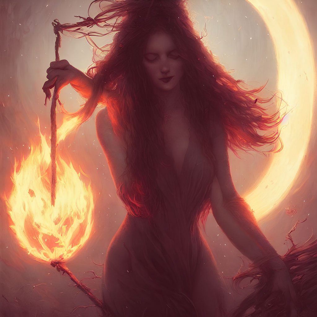 Mystical woman with red hair holding a flaming torch under glowing moon