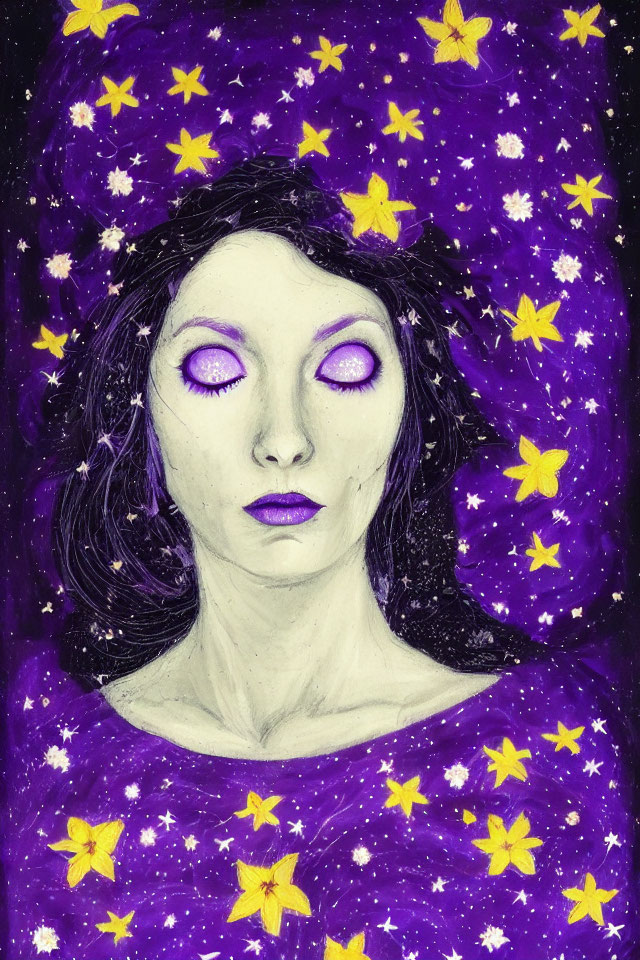 Stylized portrait of a woman with cosmos hair and clothing