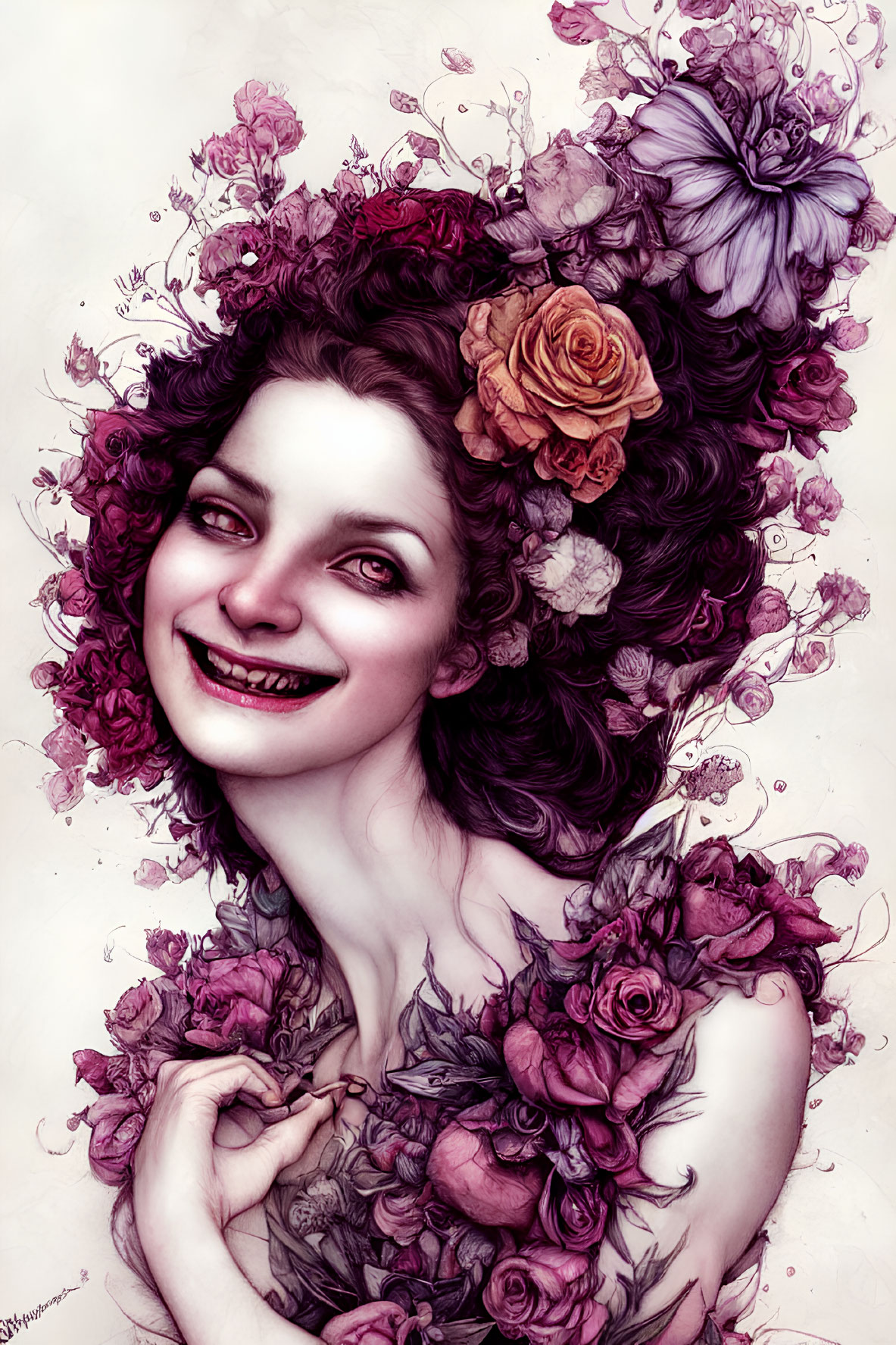 Illustration of woman with floral headdress and bouquet in pink and purple tones