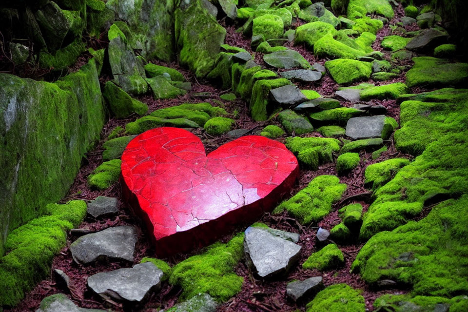 Vibrant red heart-shaped object in green moss and rocks