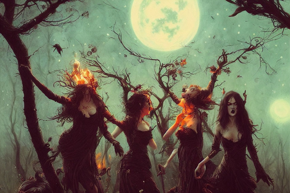 Ethereal women with tree-like features in moonlit forest surrounded by crows