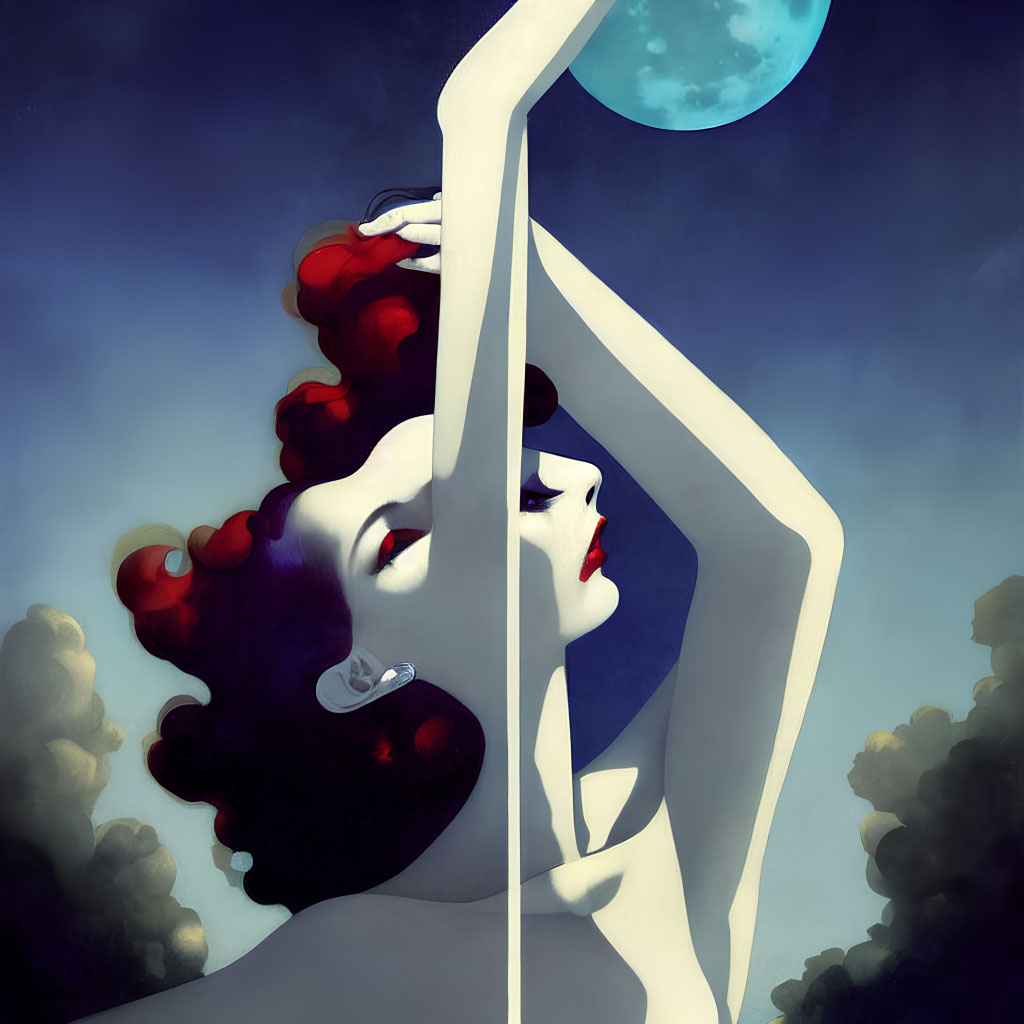 Dual-faced woman illustration: vibrant vs. monochrome, elegant pose, clouds, surreal blue moon
