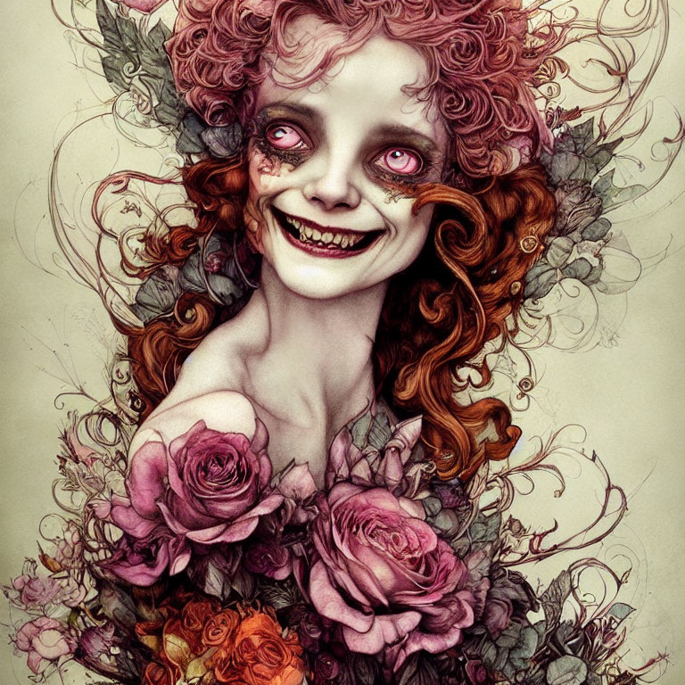 Smiling figure with curly hair in whimsical floral setting