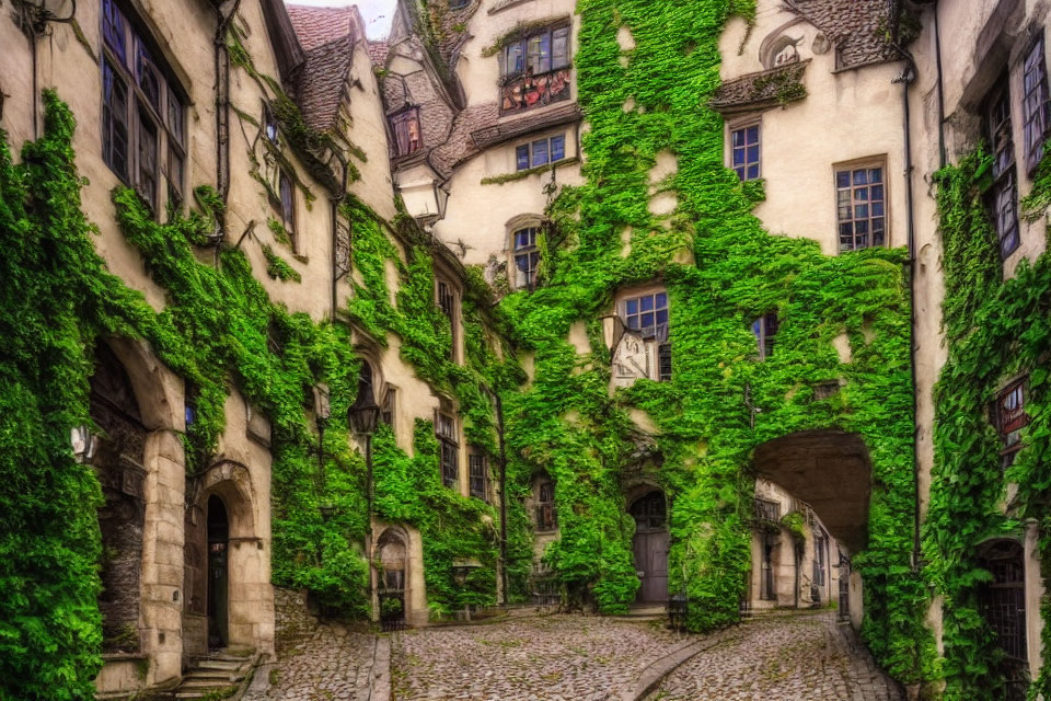 Quaint Cobblestone Alley with Ivy-Covered Traditional Buildings